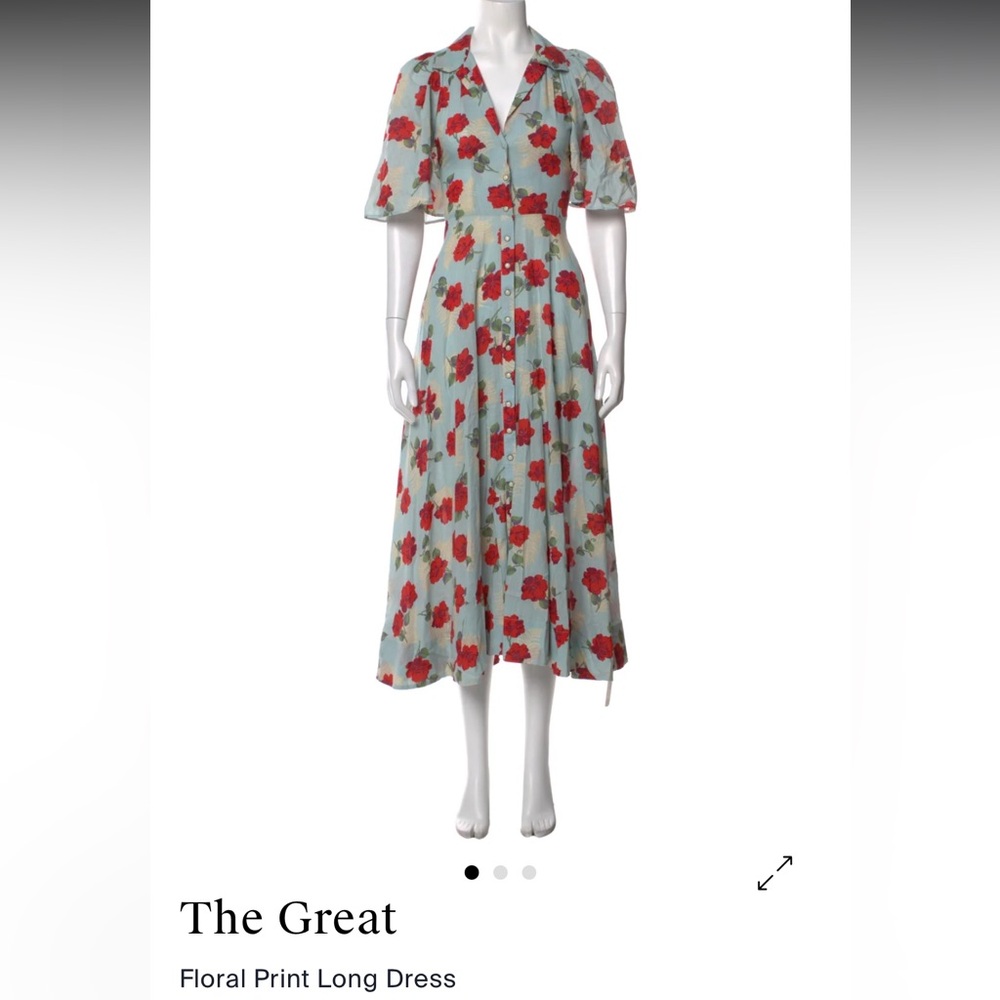 THE GREAT. Light Blue Midi Dress with Red Floral Print